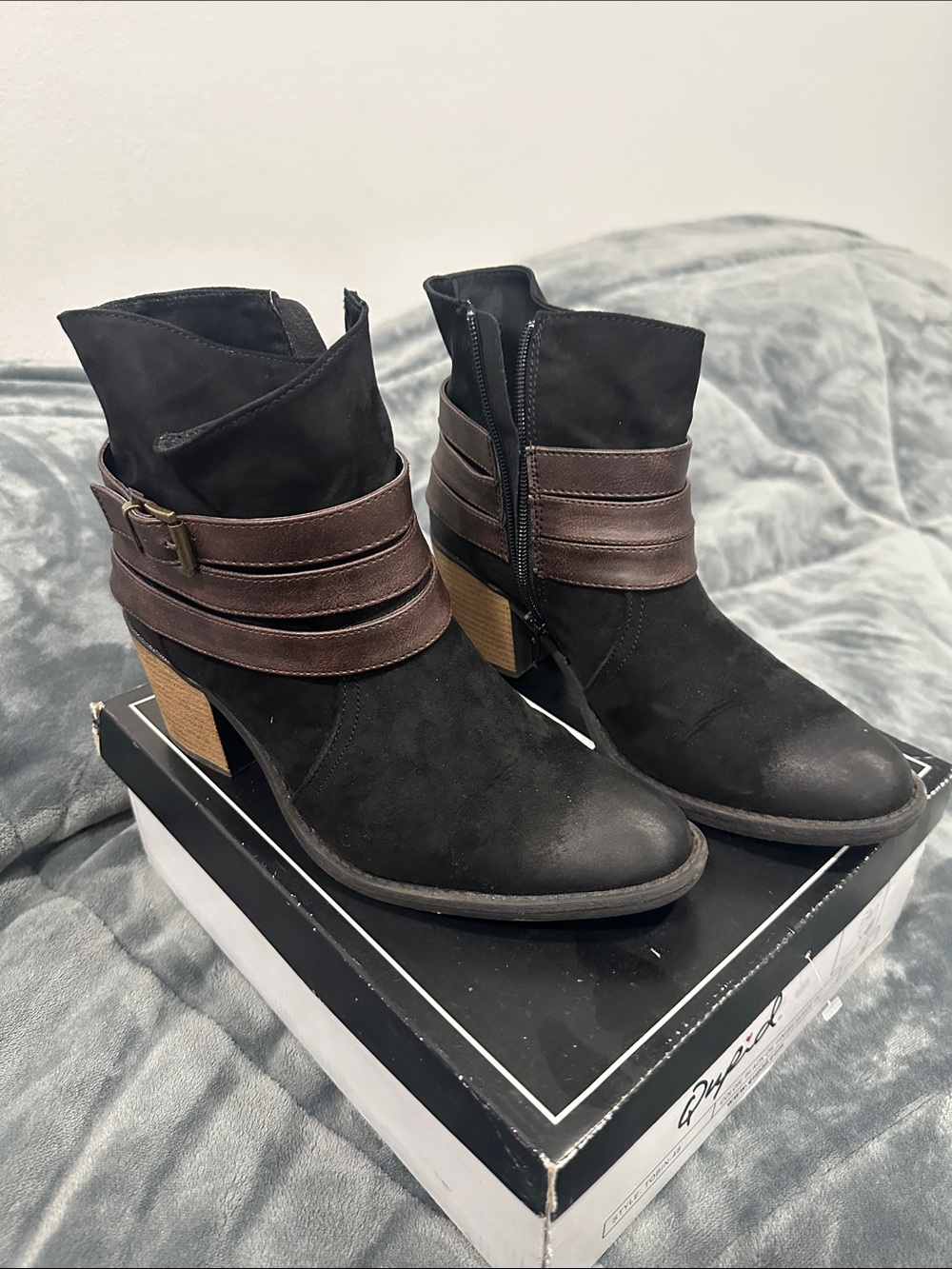 Qupid Black Ankle Booties with Brown Wrap Straps